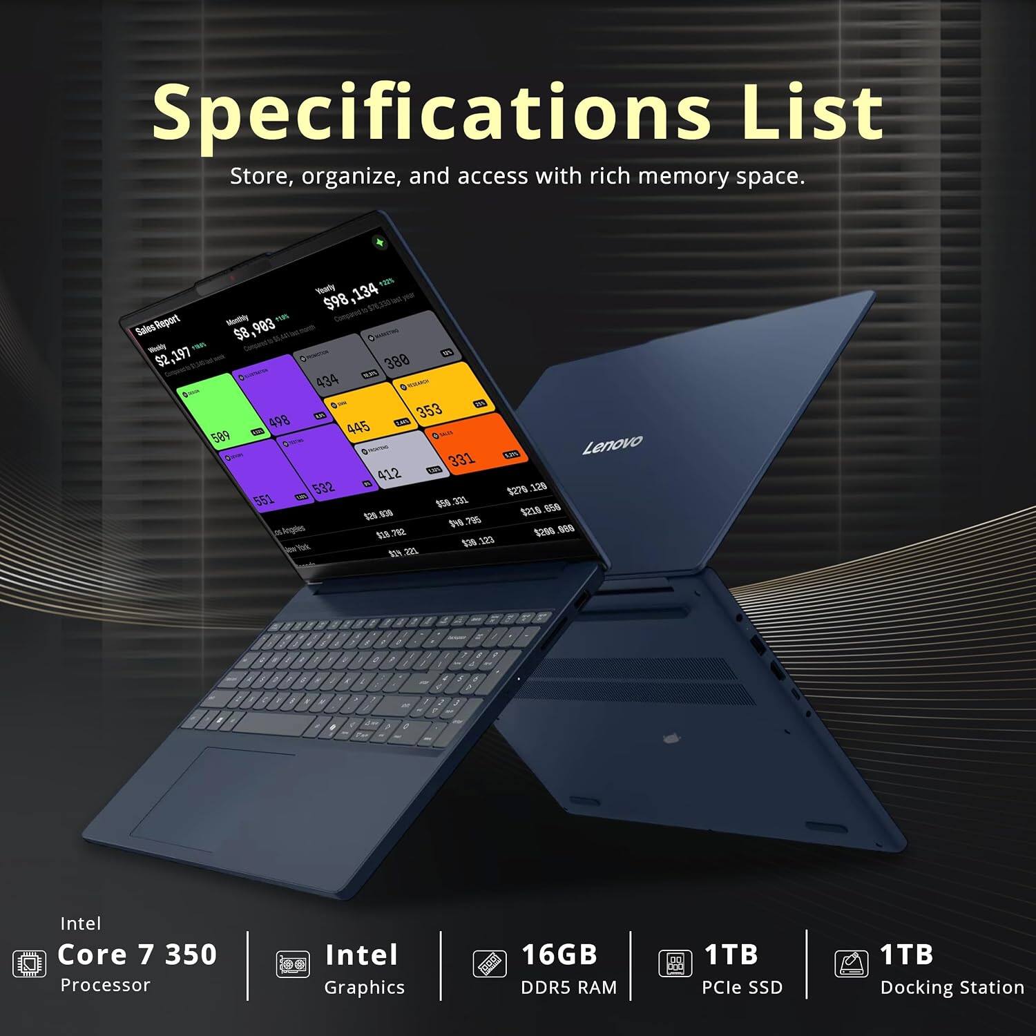 Specifications List  
Store, organize, and access with rich memory space.

- Intel Core 7 350 Processor
- Intel Graphics
- 16GB DDR5 RAM
- 1TB PCIe SSD
- 1TB Docking Station

+30% Yearly  
$98,134 last Report  
Monthly 2019 Sales  
$8,903  
Work  
$2,197  
380  
434  
SCOOCH  
25%  
353  
498  
445  
con  
509  
Lenovo  
Conon  
331  
1275  
de  
412  
532  
$278.128  
551  
$50  
331  
san  
830  
$219  
$46  
795  
Arg  
Angles  
$18.782  
$268  
668  
$39.123  
SER  
221