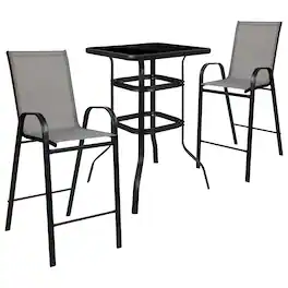 Emma + Oliver - 3 Piece Outdoor Bar Height Set-Glass Patio Bar Table-All-Weather Barstools - Gray
