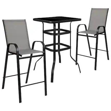 Front. Emma + Oliver - 3 Piece Outdoor Bar Height Set-Glass Patio Bar Table-All-Weather Barstools - Gray.