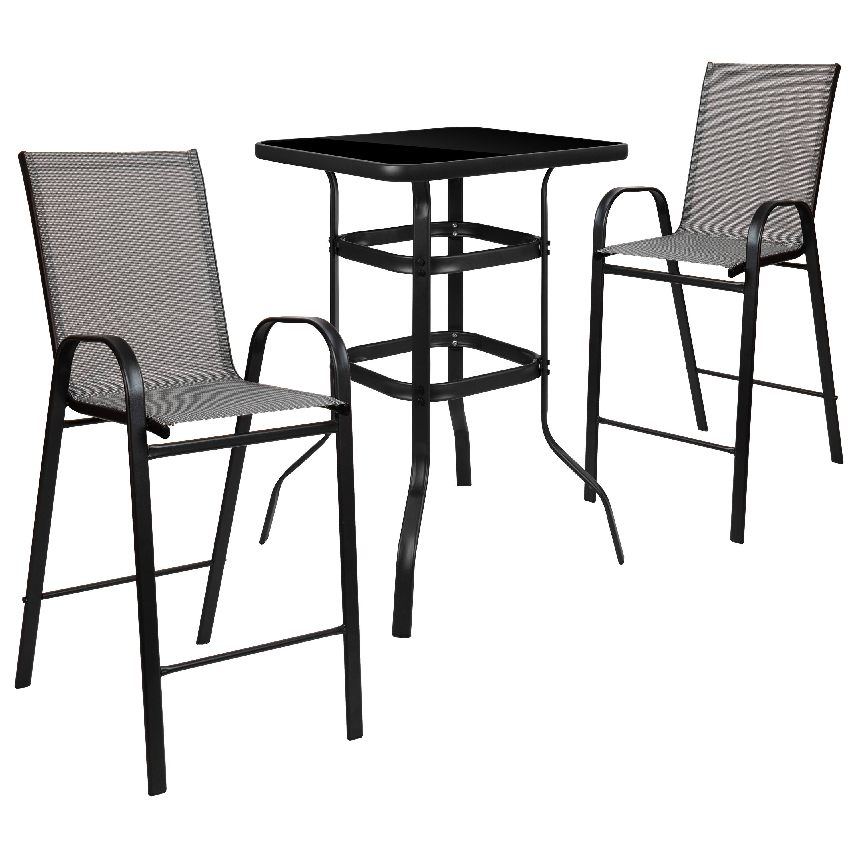 Front. Emma + Oliver - 3 Piece Outdoor Bar Height Set-Glass Patio Bar Table-All-Weather Barstools - Gray.