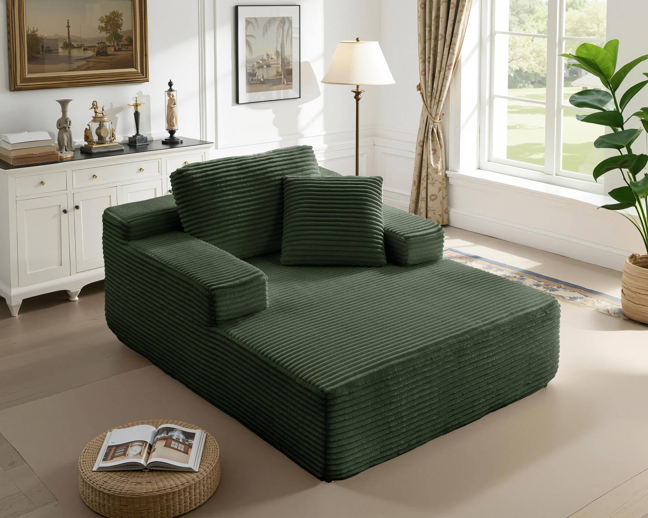 Alt View 2. Meqiodas - 67.5”Oversized Indoor Chaise Lounge, Sofa Bed, Living Room Sofa, Corduroy Upholstered Boneless Cloud Sofa, No Assembly - Green.
