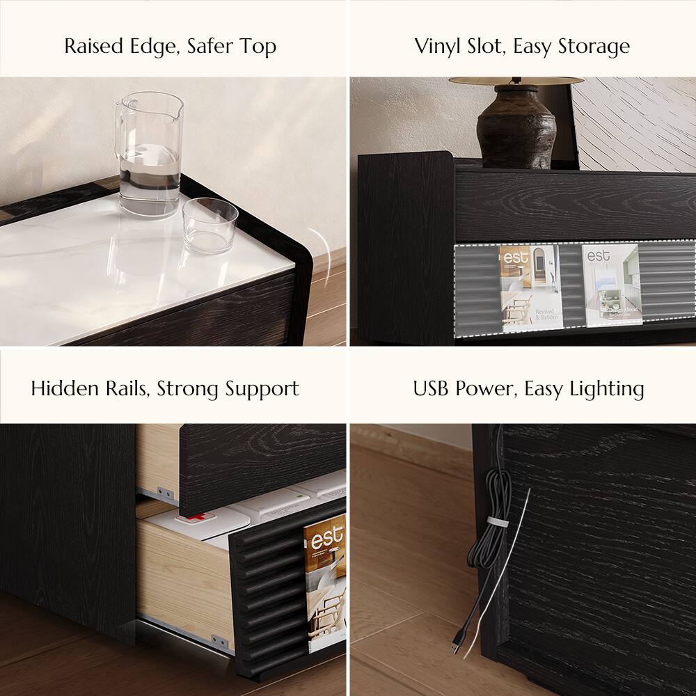 Raised Edge, Safer Top  
Vinyl Slot, Easy Storage  
Hidden Rails, Strong Support  
USB Power, Easy Lighting
