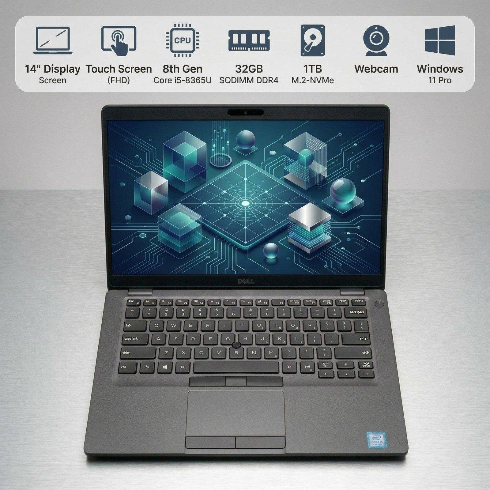 14" Display Touch Screen  
8th Gen Core i5-8365U  
32GB SODIMM DDR4  
1TB M.2-NVMe  
Webcam  
Windows 11 Pro  
FHD Screen