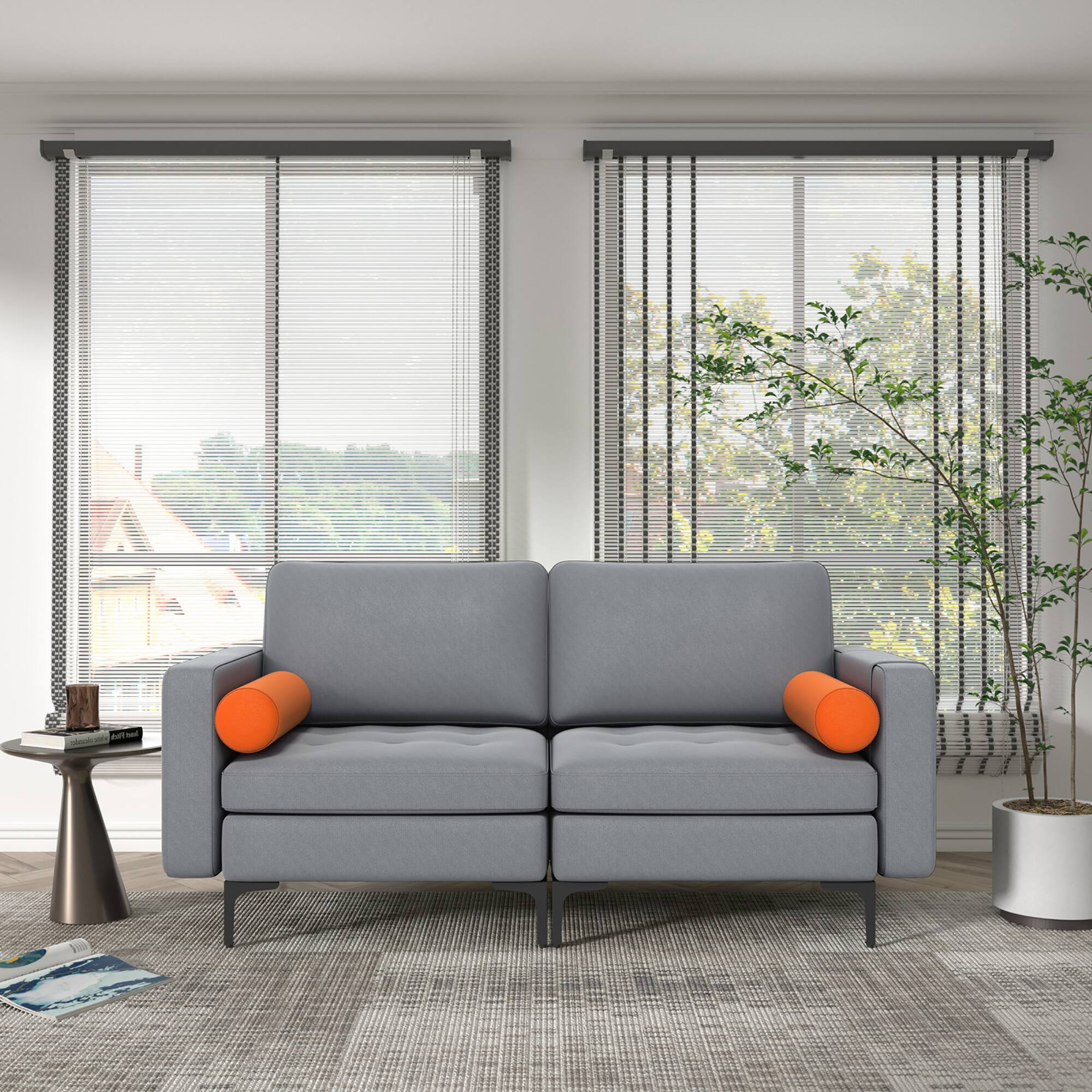 Alt View 1. Costway - Costway Modern Loveseat 2-Seat Sofa Couch w/ 2 Bolsters Side Storage Pocket Ash - Ash Gray,Orange.