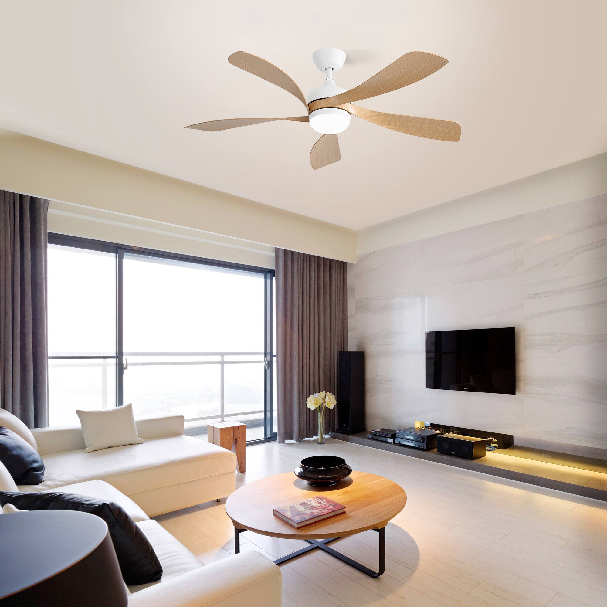 Front. Bestier - 52inch Modern Led Ceiling Fan With 3 Color Dimmable & 5 Blades, Reversible Ceiling Fan - Natural Wood.