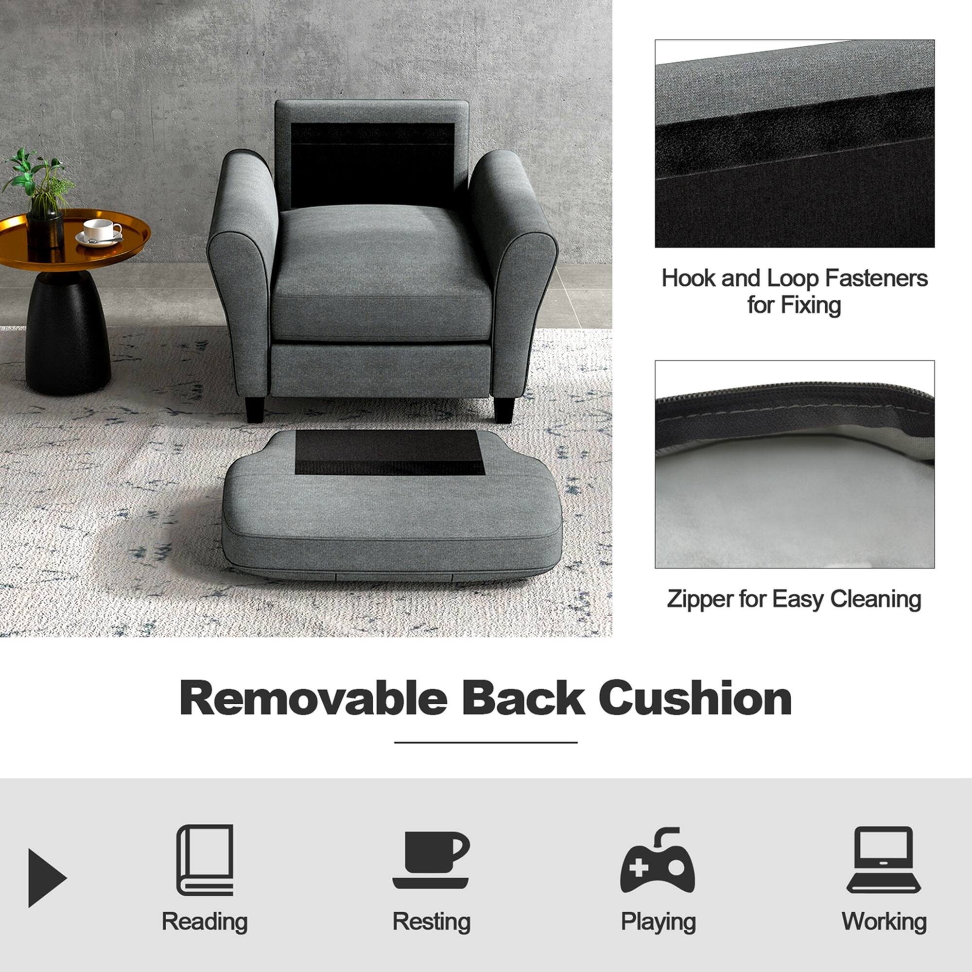 The text on the image is grouped and corrected as follows:

Removable Back Cushion + Hook and Loop Fasteners for Fixing Zipper for Easy Cleaning + Reading Resting Playing Working