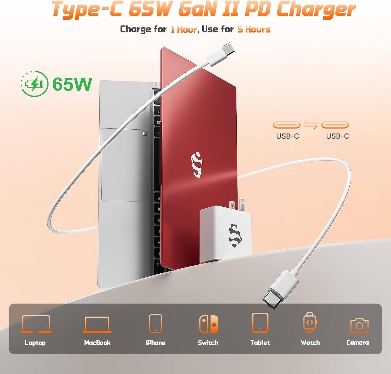Type-C 65W GaN II PD Charger  
Charge for 1 Hour, Use for 5 Hours  

65W  

USB-C USB-C  

Laptop  
MacBook  
iPhone  
Switch  
Tablet  
Watch  
Camera