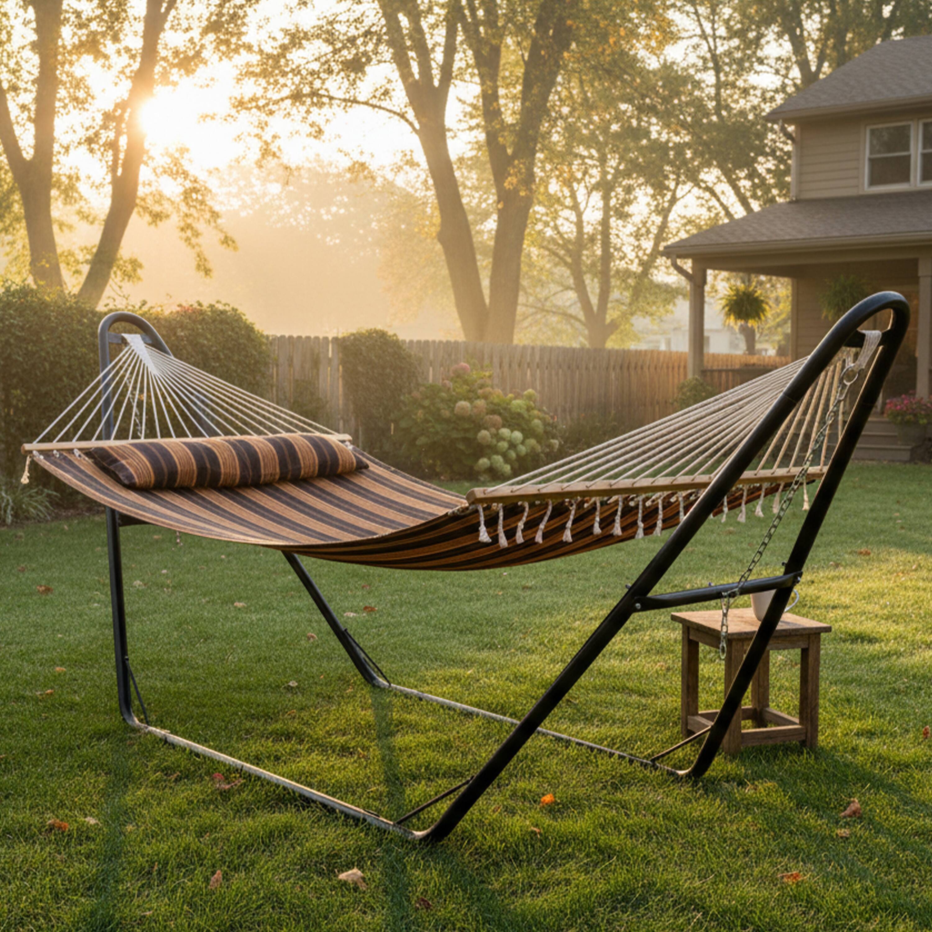 Alt View 7. Sunnydaze - Large Quilted Hammock with Universal Steel Stand - Woodland Stripe.
