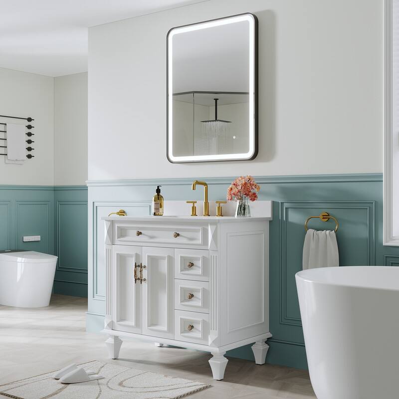 Angle. WELLFOR - 28 in. W x 36 in. H Anti-Fog LED Bathroom Mirror, Wall Bathroom Vanity Mirror with Framed Round Corner - Matte Black.
