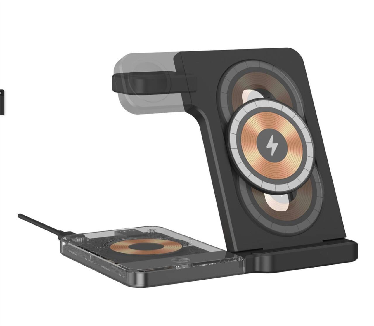 Front. RISOKEYS - Desktop Magnetic 3-in-1 Wireless Charger Stand - Foldable Power Adapter, iWatch 5W Fast Charging with Night Light - Black.