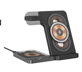 RISOKEYS - Desktop Magnetic 3-in-1 Wireless Charger Stand - Foldable Power Adapter, iWatch 5W Fast Charging with Night Light - Black