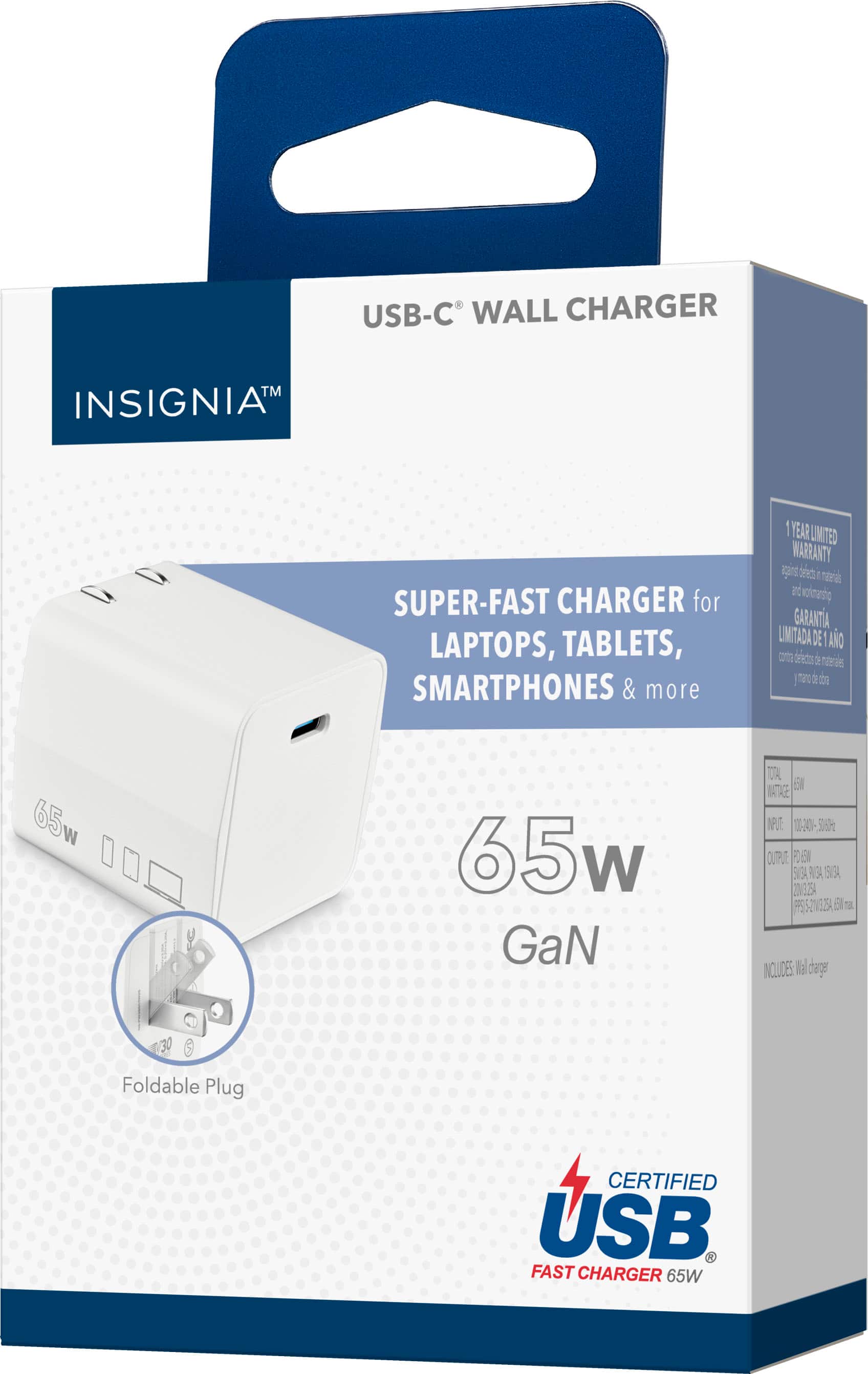 USB-C Wall Charger TM Insignia D Super-Fast Charger for Laptops, Tablets, Smartphones & more 1 Year Limited Warranty 65W GaN Tutorial Enclosed 17-20- 505h Output 18W Input 12 P3S2VZAB 2 E Includes Foldable Plug CERTIFIED USB FAST CHARGER 65W