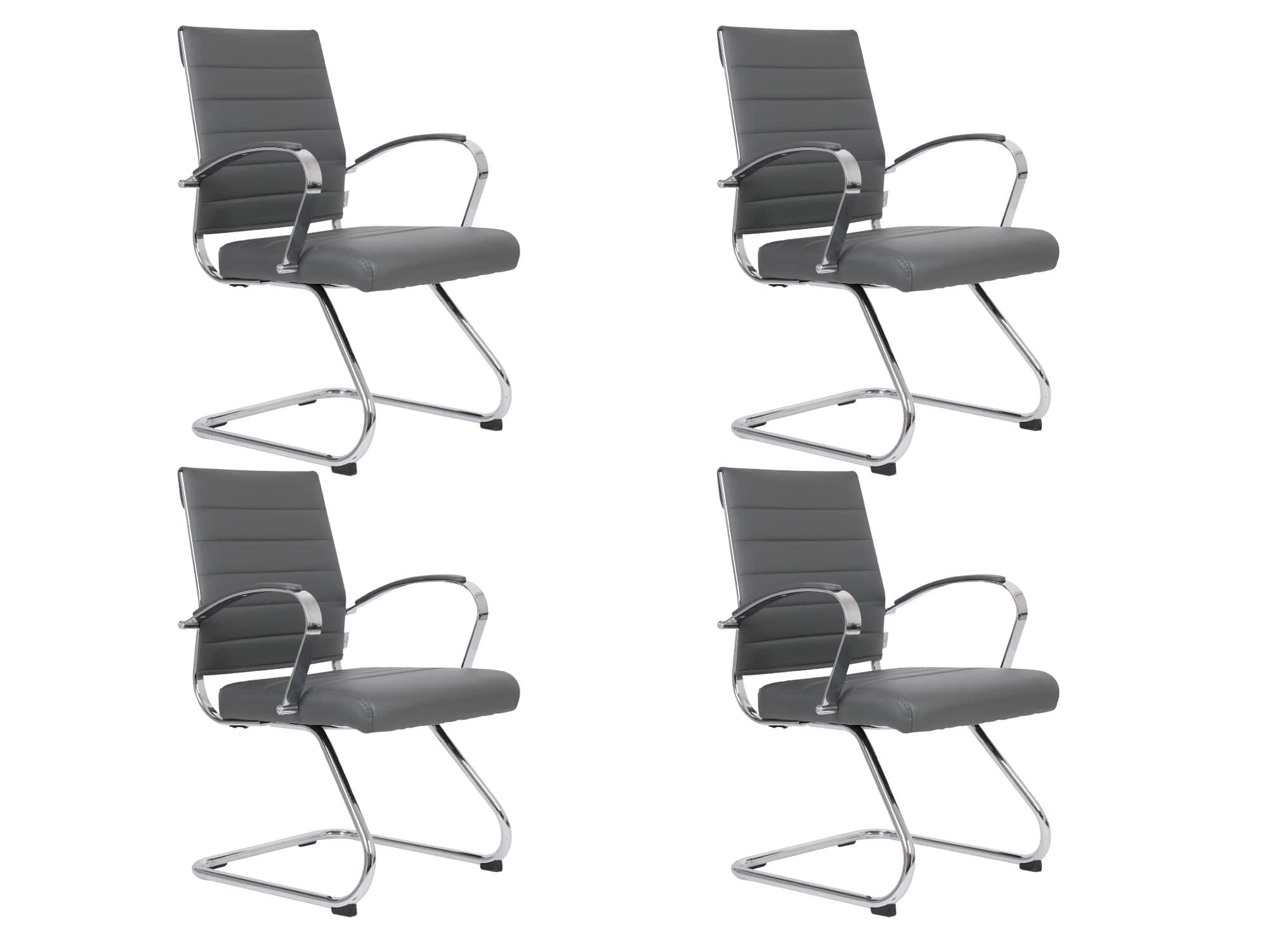 Front. LeisureMod - Set of 4 Benmar Modern Leather Upholstered Office Desk Chair with Padded Armrests and Chrome Frame for Home or Office - Grey.
