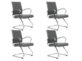 LeisureMod - Set of 4 Benmar Modern Leather Upholstered Office Desk Chair with Padded Armrests and Chrome Frame for Home or Office - Gray