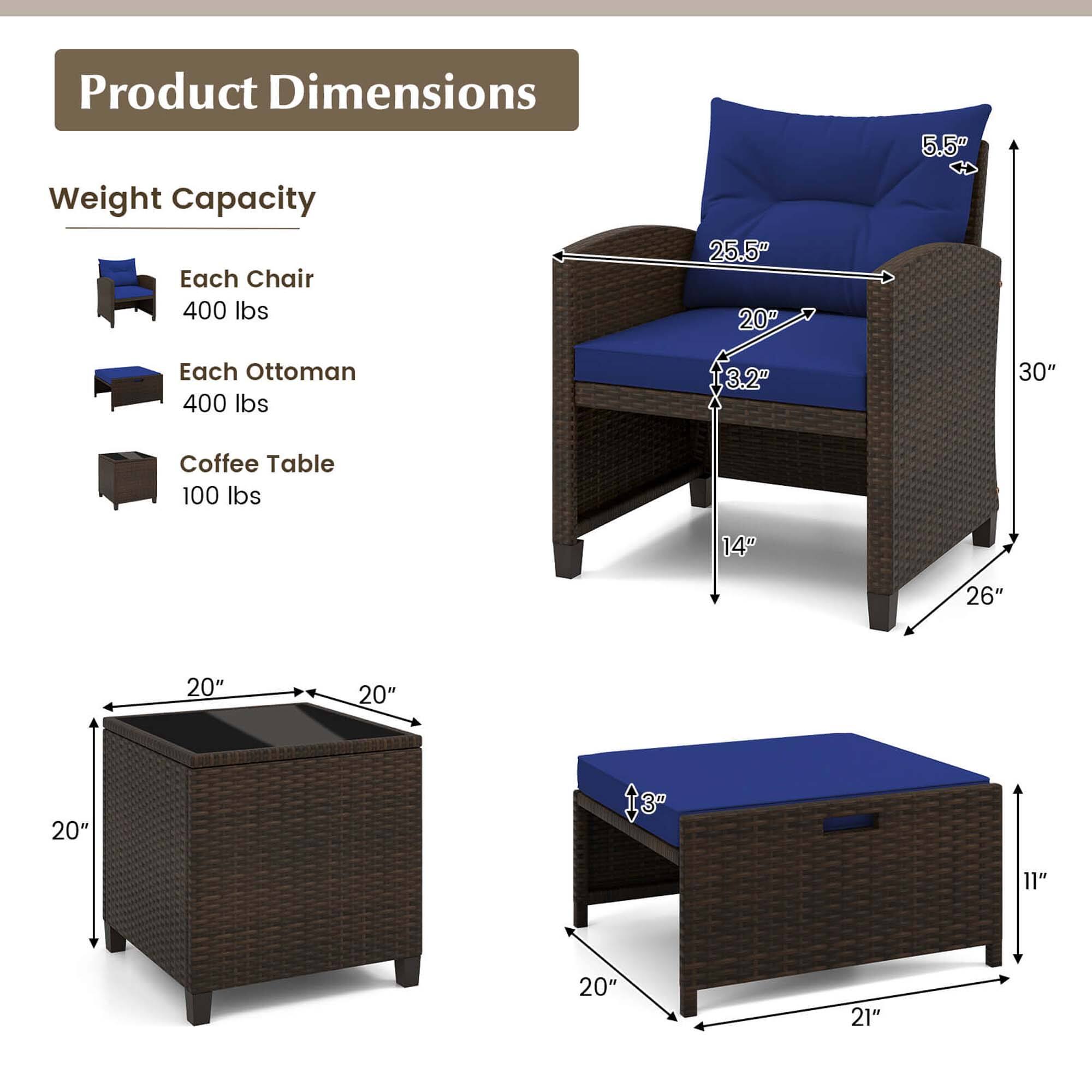 Product Dimensions:
- Weight Capacity: Each Chair: 400 lbs
- Each Ottoman: 400 lbs
- Coffee Table: 100 lbs
- Size: 25.5" x 20" x 5.5" (Chair)
- Size: 3.2" x 30" (Ottoman)
- Size: 14" x 26" x 20" (Coffee Table)
- Size: 11" x 20" x 21" (Coffee Table)
- Price: $300