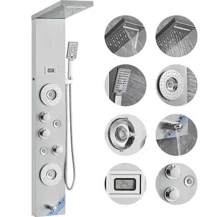 Front. VEVOR - Shower Panel System, 6 Shower Modes, LED & Display Shower Panel Tower, Rainfall, Waterfall,4 Body Massage Jets,Tub Spout - Silver.