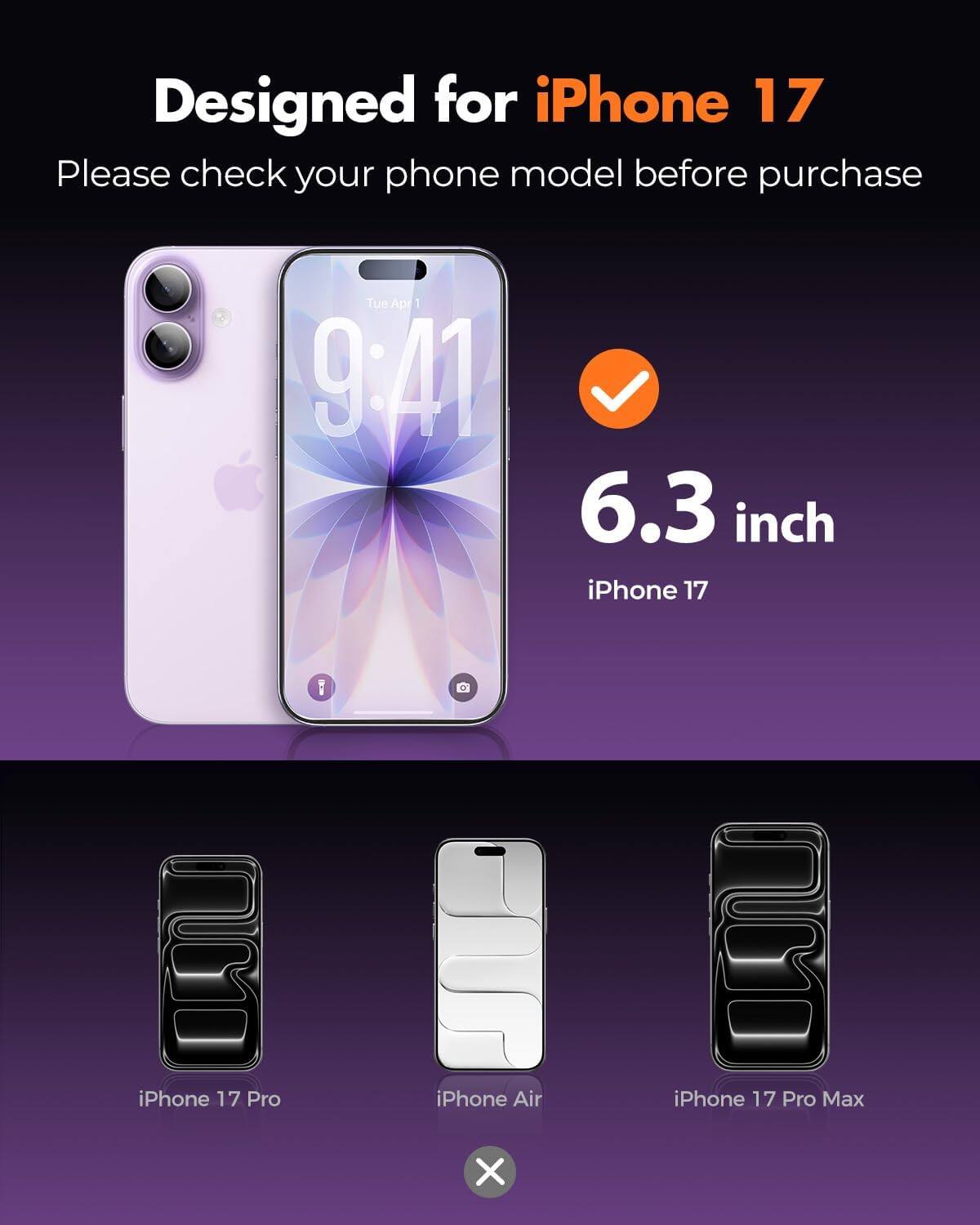 Designed for iPhone 17  
Please check your phone model before purchase  

Tue Apr 1 9:42  
6.3 inch iPhone 17  
iPhone 17 Pro  
iPhone Air  
iPhone 17 Pro Max