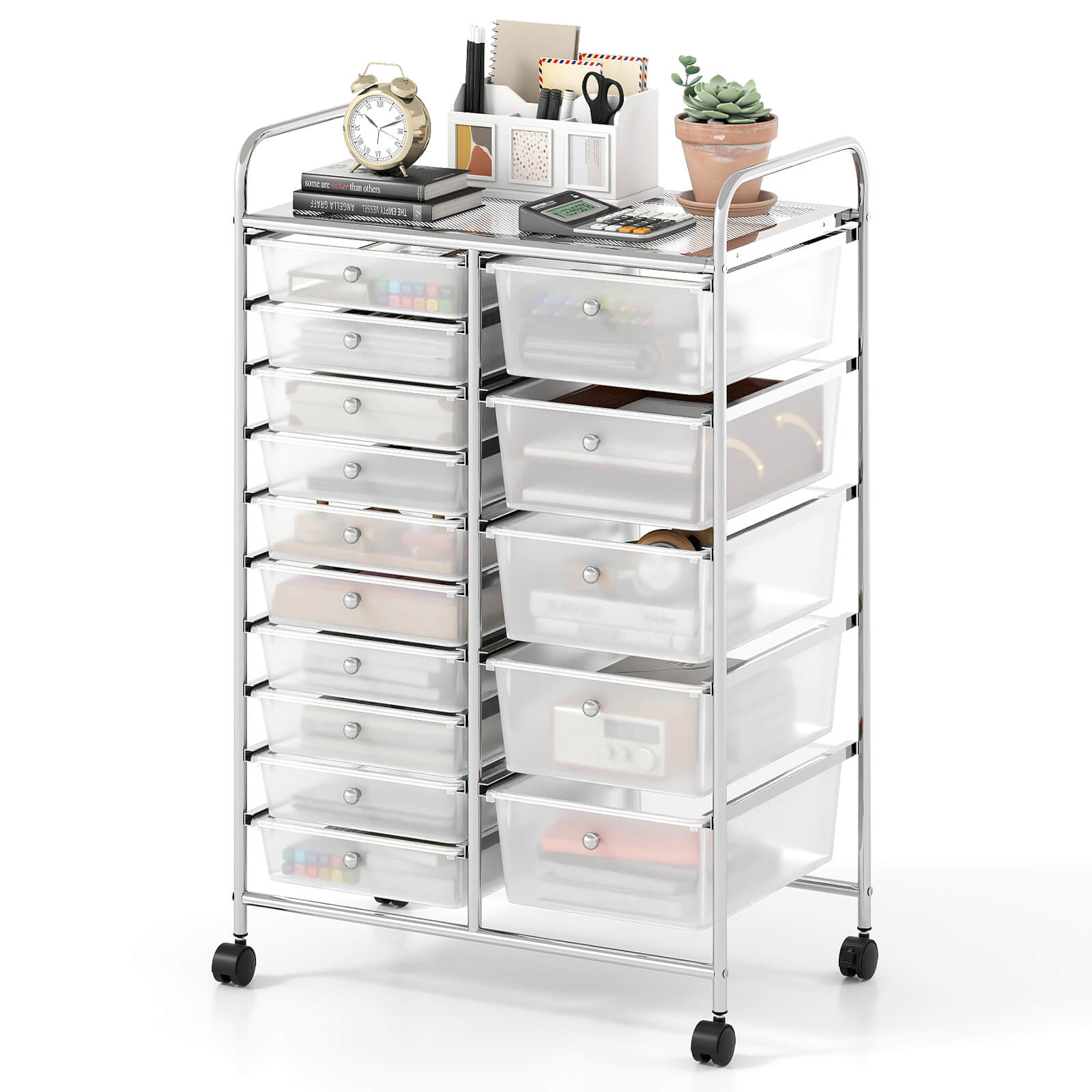 Front. Costway - Costway 15-Drawer Trolley with Chrome Plated Metal Frame & Lockable Universal Wheels - Clear.
