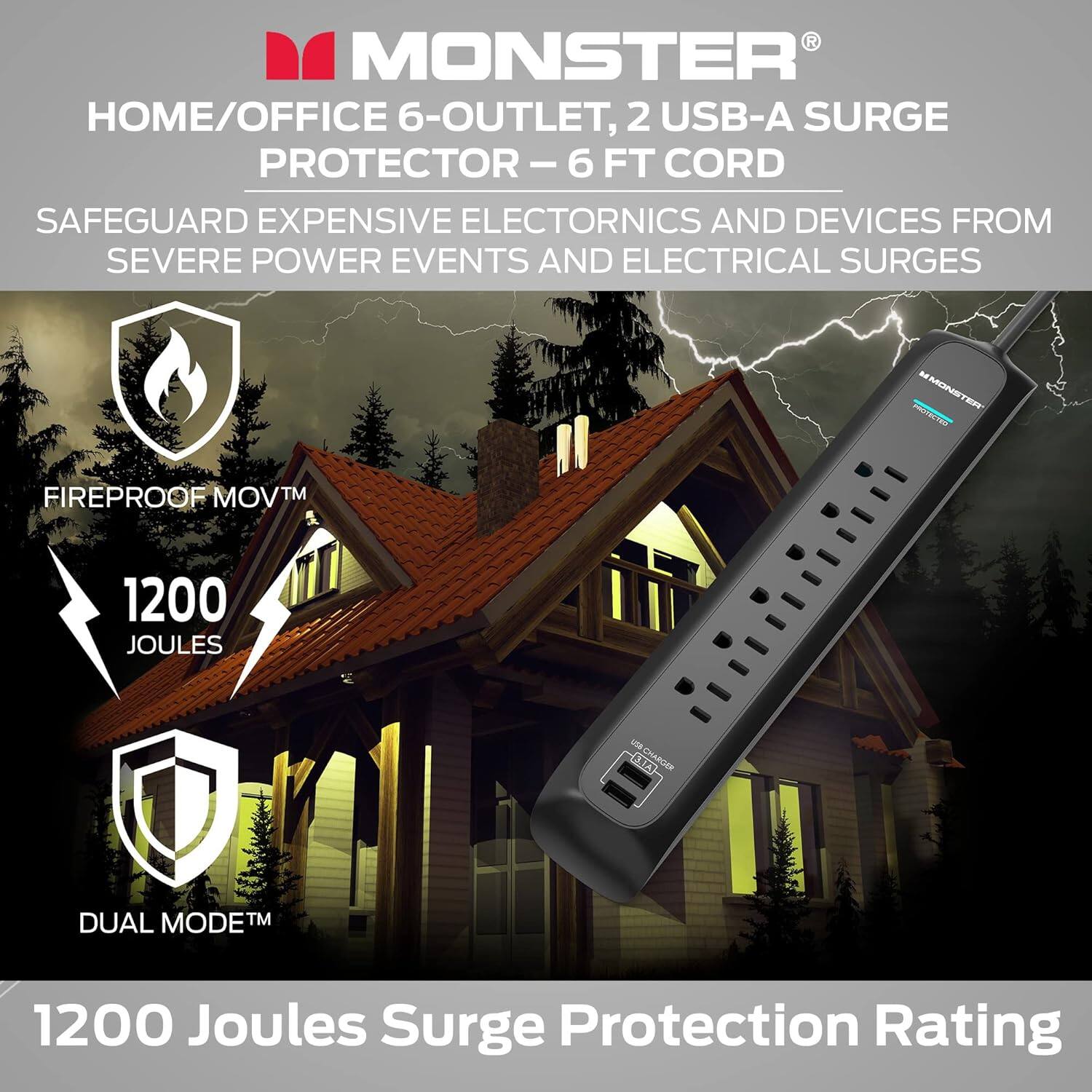 MONSTER HOME/OFFICE 6-OUTLET, 2 USB-A SURGE PROTECTOR - 6 FT CORD SAFEGUARD EXPENSIVE ELECTRONICS AND DEVICES FROM SEVERE POWER EVENTS AND ELECTRICAL SURGES - MONSTER TET FIREPROOF MOVTM 1200 JOULES - WEDRAMO DUAL MODETM TM 1200 Joules Surge Protection Rating