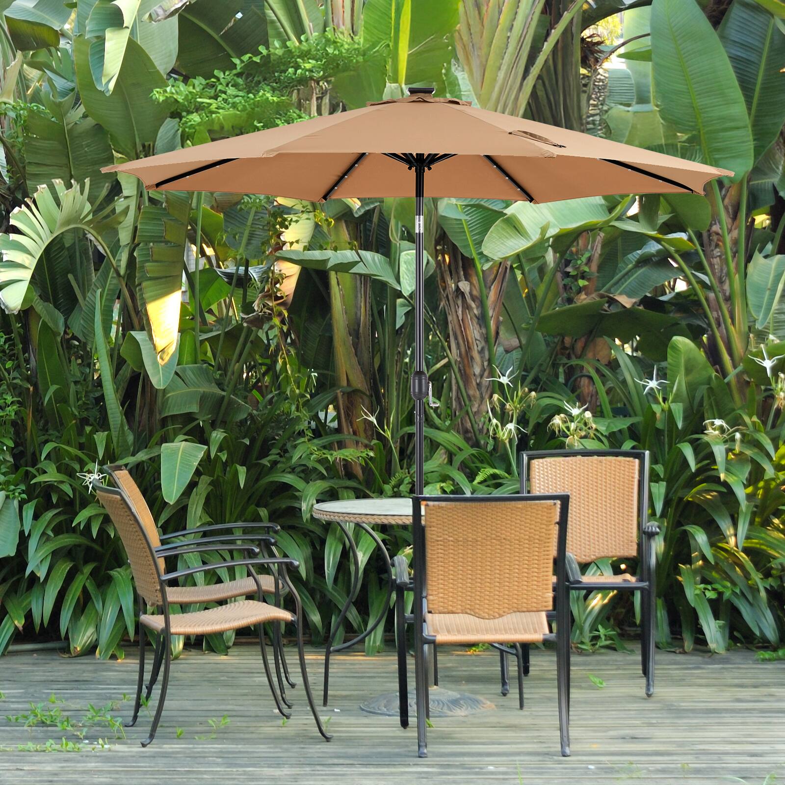 Left. AENKYO - 10ft Solar Polyester 32 LED Lighted Patio Umbrella with Tilt Adjustment and UV-Resistant Fabric - Khaki.