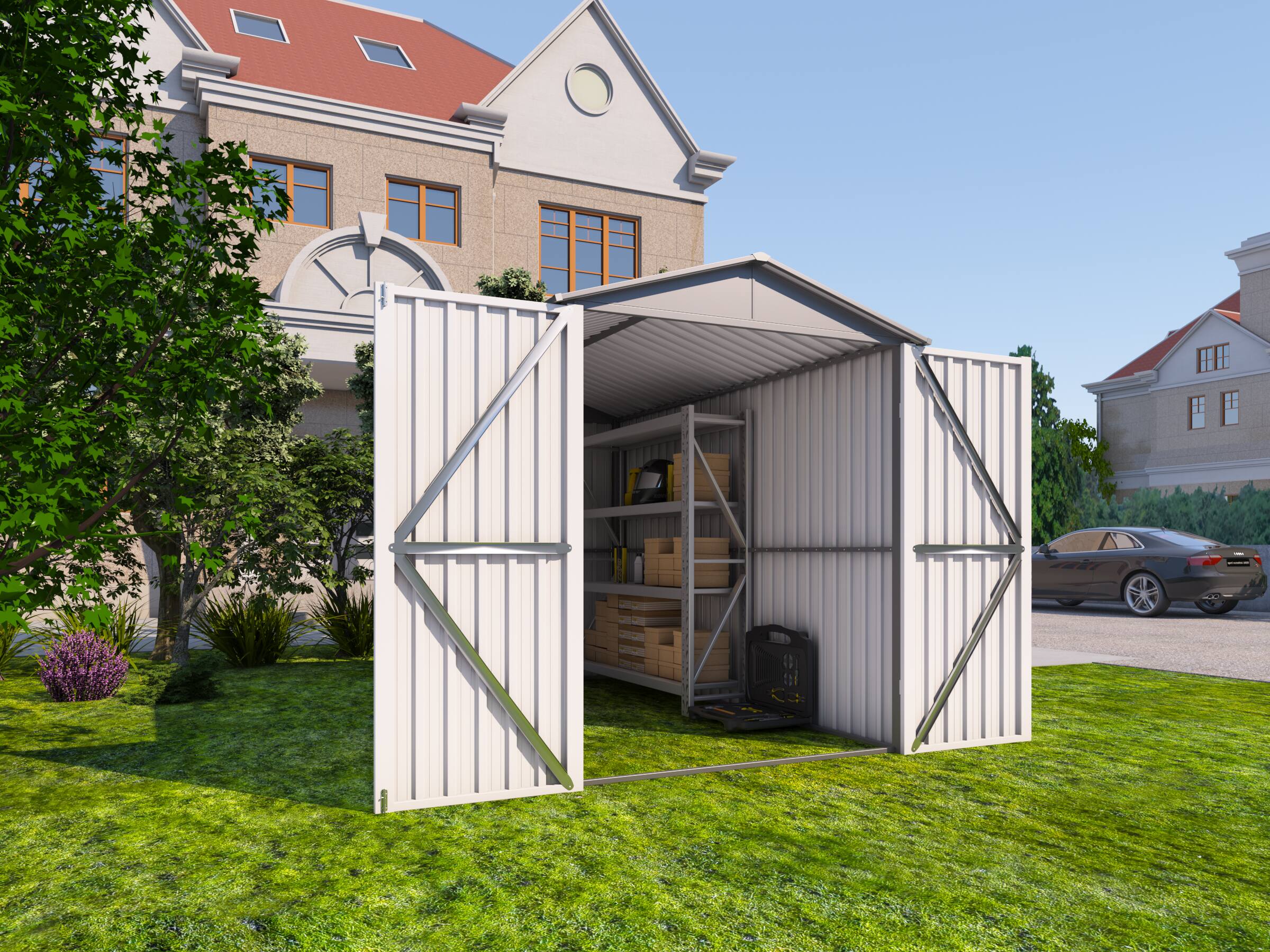Angle. Mondawe - Motorcycle Outdoor Storage Shed With Window - Grey+White.