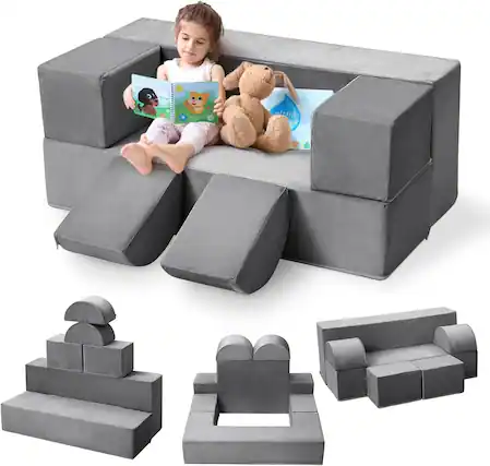 Front. Acekool - 6Pcs Modular Kids Play Couch, Toddler Foam Convertible Sofa with Removable Microvelvet Cover, Grey - Grey.
