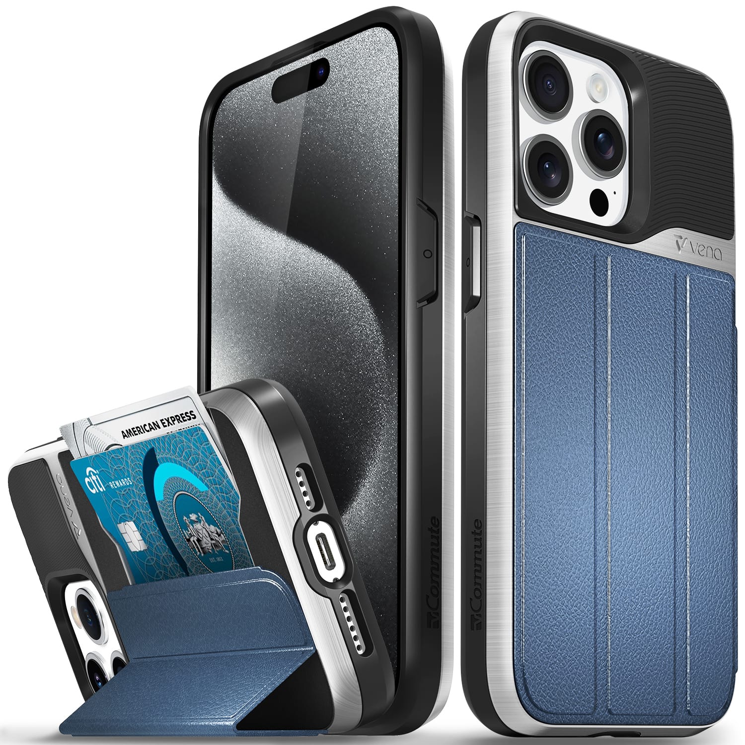 Vena - vCommute Leather Wallet Case with Kickstand for Apple iPhone 15 Pro Max (6.7") - Silver / Blue - Multicolored
