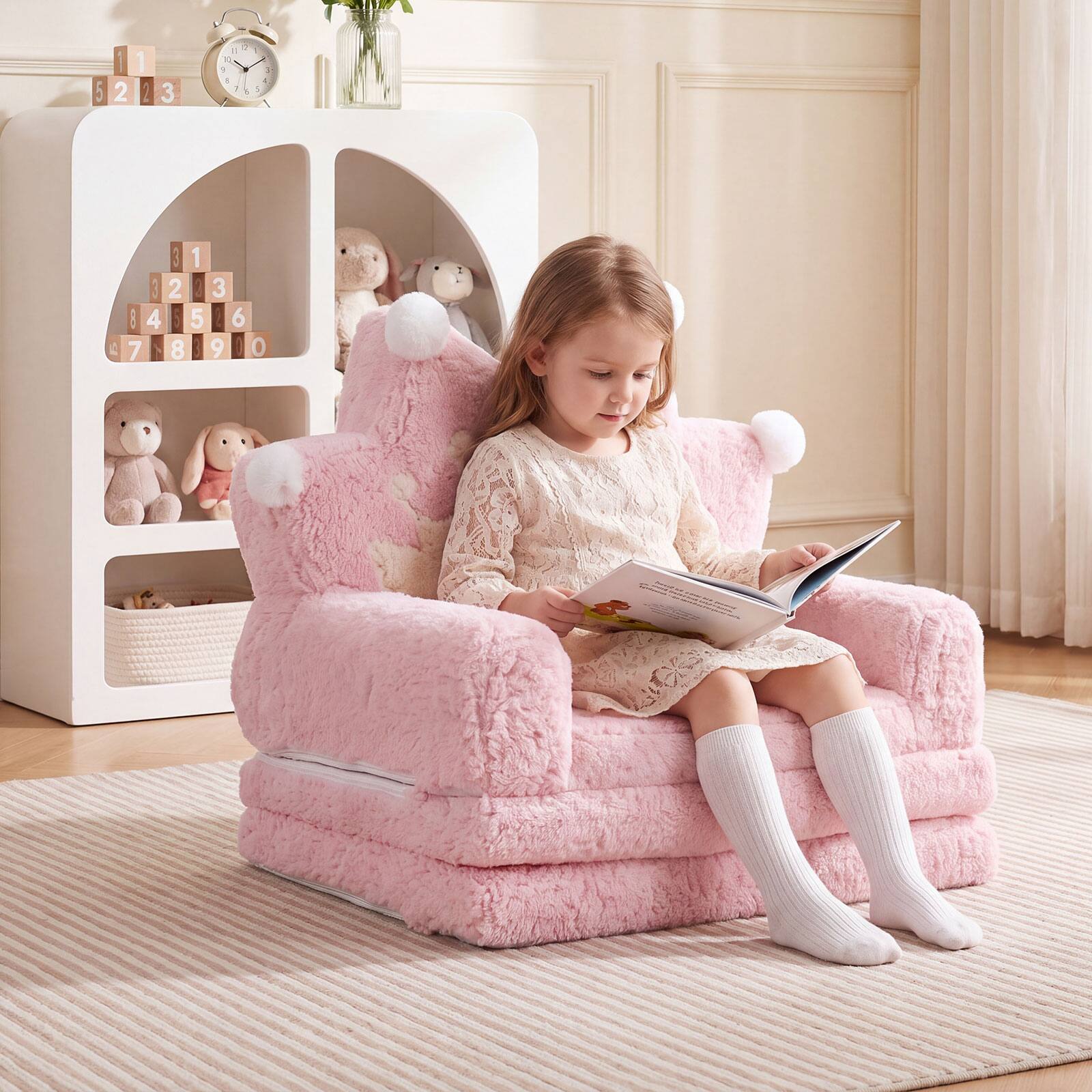 Alt View 1. Costway - Costway 2-in-1 Foldable Kids Sofa Bed Convertible Lounger with Crown Printed Designs Pink Crown - Pink Crown.