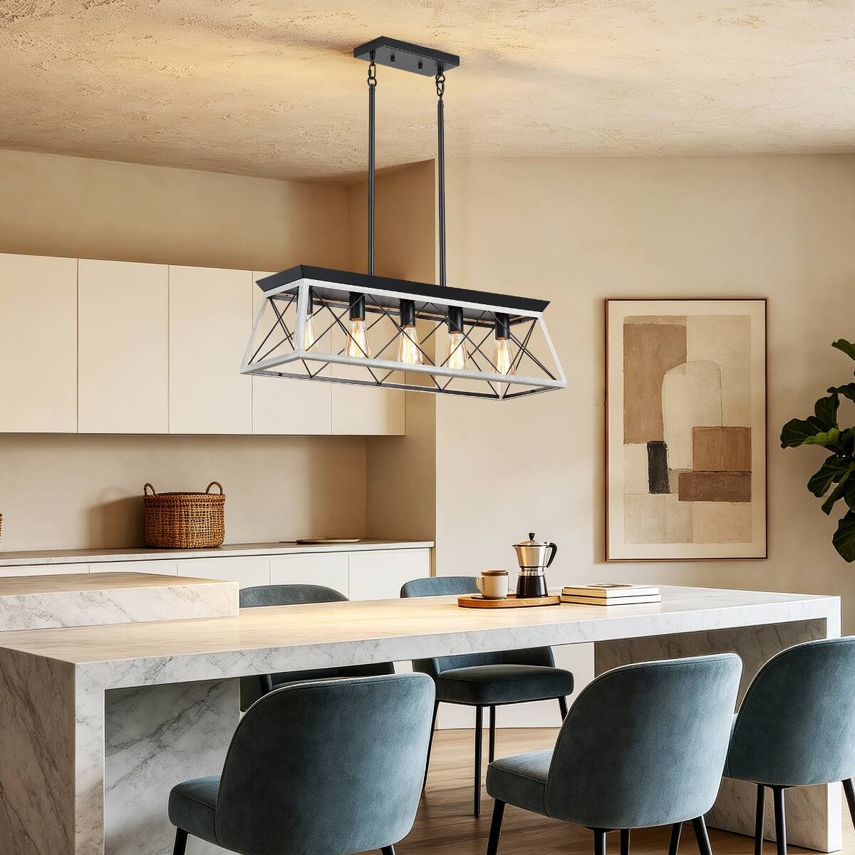 Left. Loheer - Loheer 5 Light Farmhouse Chandelier White Iron Dining Room Pendant Light for Kitchen Island.