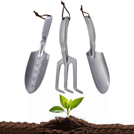 Front. Kings County Tools - Hand Gardening Tool Set 3 Pack with Cultivator, Trowel, and Transplant Shovel.