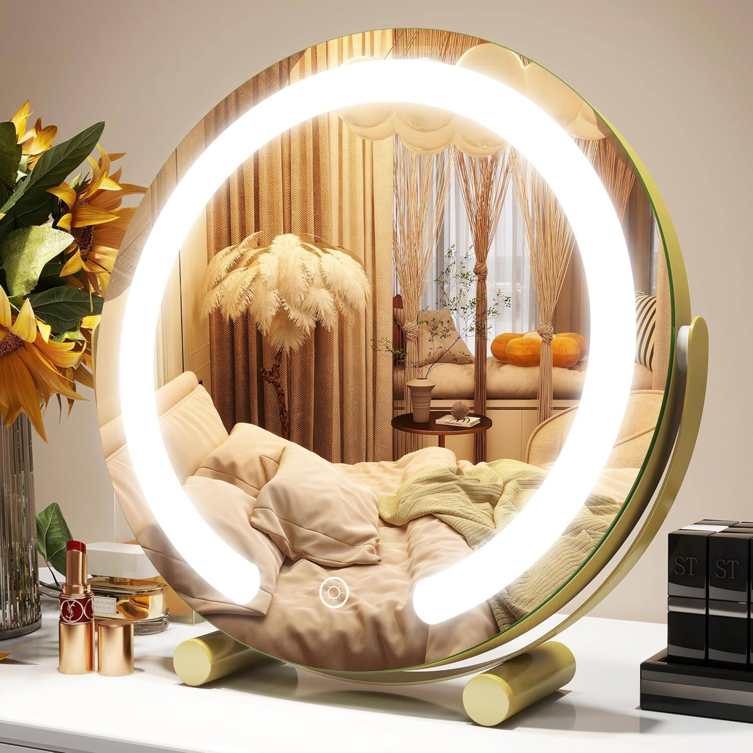 Stamp n Camp - Vanity Mirror with Lights, 12 Inch Light Up Makeup Mirror, LED Makeup Mirror with Lights for Bedroom Tabletop - Gold-12"L x 12"W