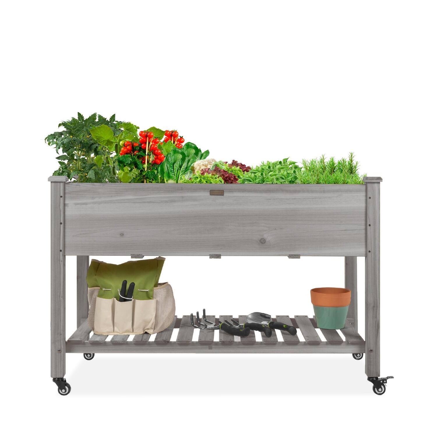 Angle. SlickBlue - Raised Garden Bed Planter Box, Grey Wood, Outdoor with Shelf and Locking Wheels - Grey.