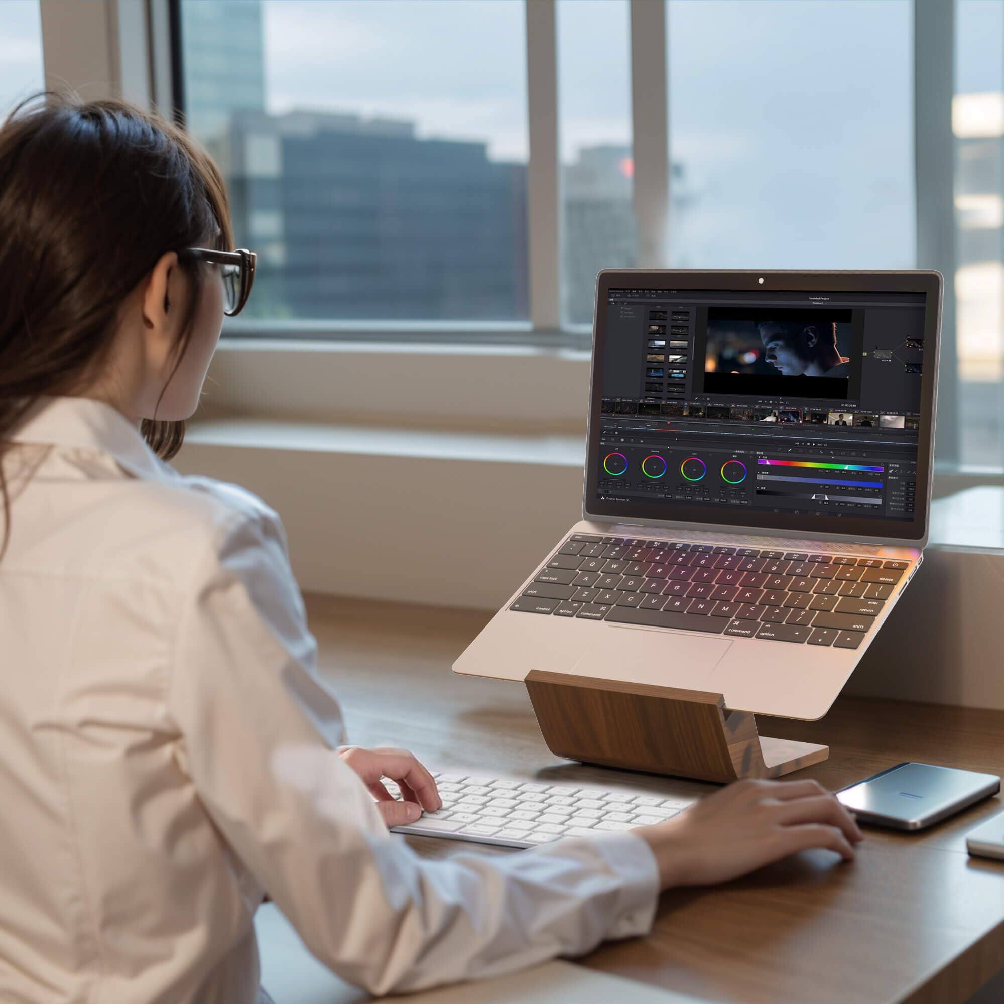 Alt View 2. HongFei - Wooden Laptop Stand, Ergonomic Computer Stand for Desk, Portable Laptop Riser, Notebook Stand Holder for Laptops - Walnut.