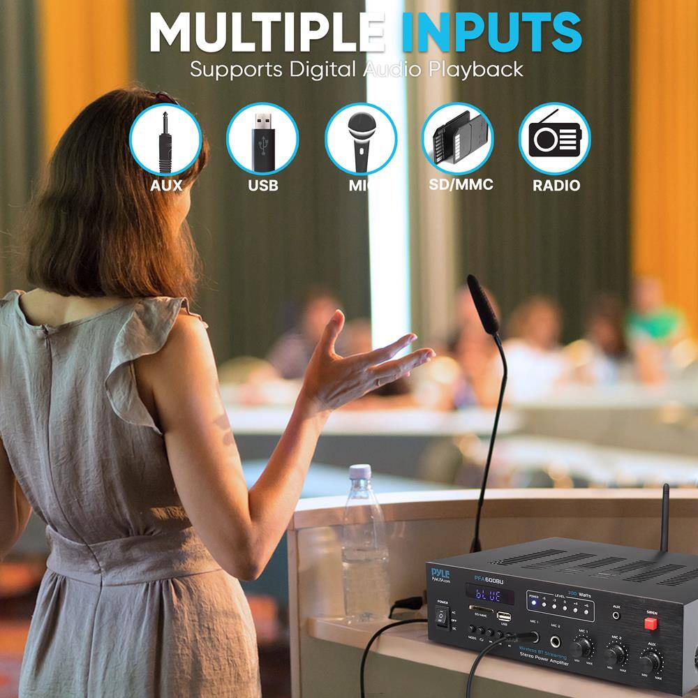 MULTIPLE INPUTS  
Supports Digital Audio Playback  

AUX  
USB  
MI  
SD/MMC  
RADIO  

PYLE  
PFA 608BU  
60 WATTS  
RADIO POWER AMPLIFIER