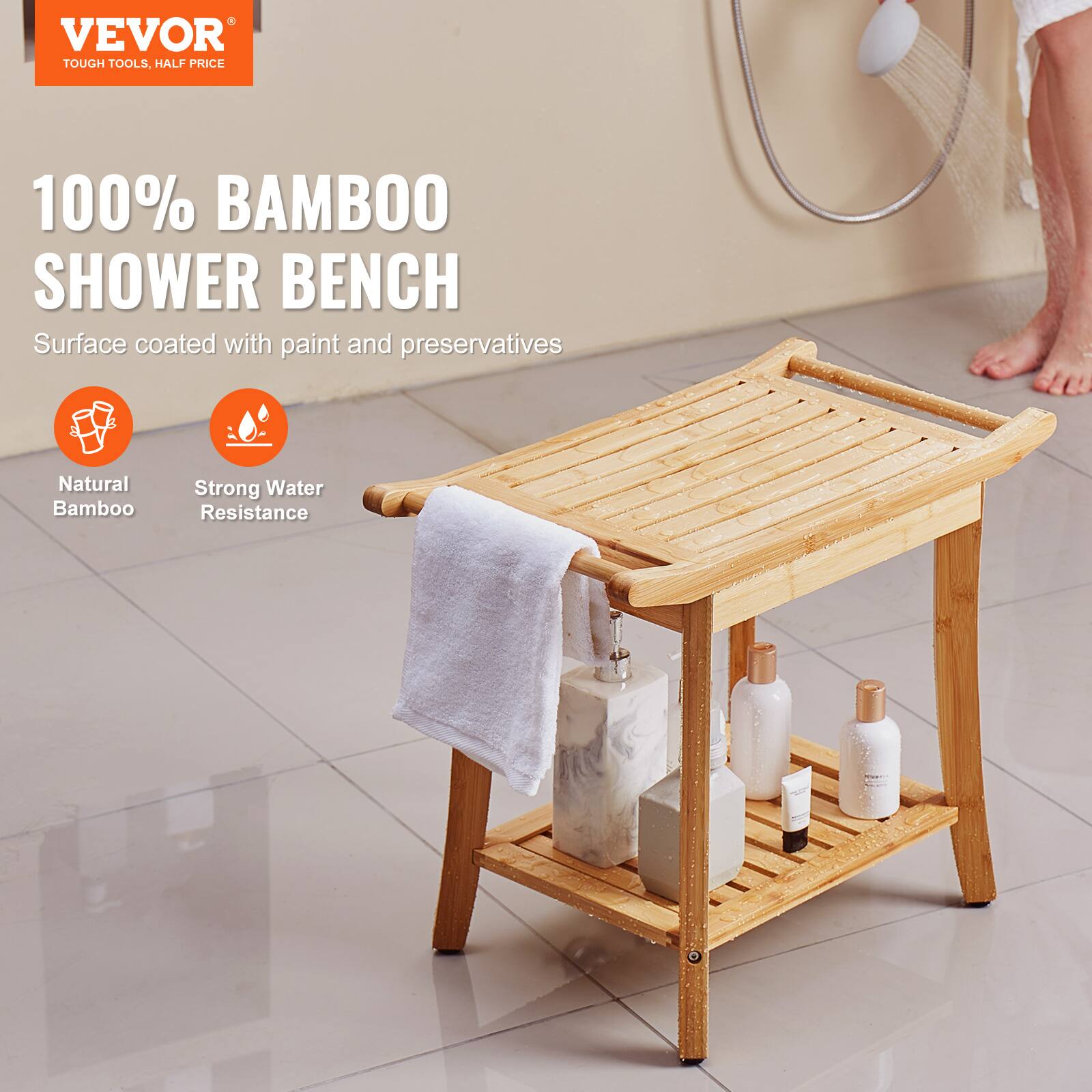 VEVOR  
TOUGH TOOLS, HALF PRICE  

100% BAMBOO SHOWER BENCH  

Surface coated with paint and preservatives  

Natural Bamboo  
Strong Water Resistance