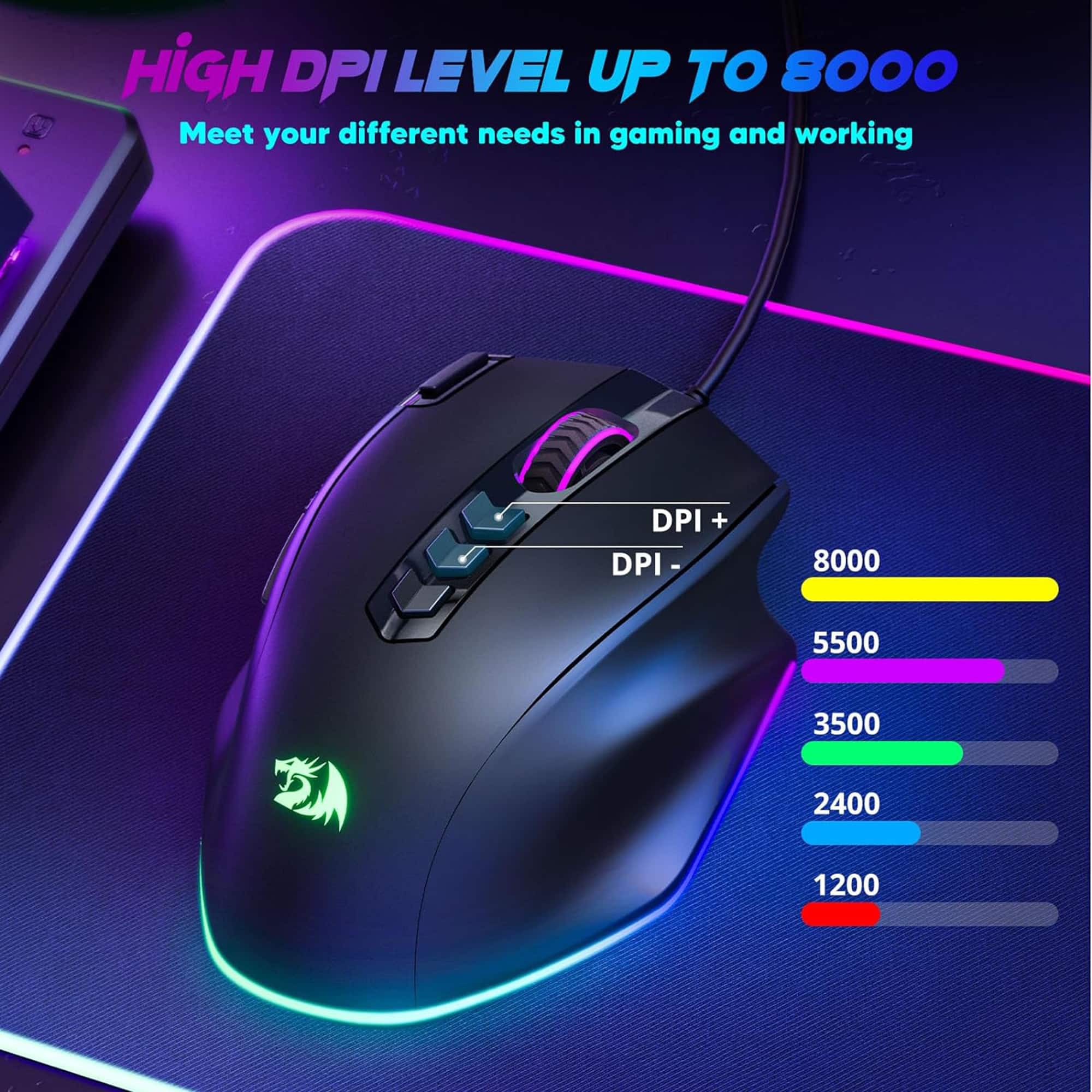 REDRAGON M614-RGB Wired Gaming Mouse, 8000 DPI, RGB, 7 Backlit Modes ...