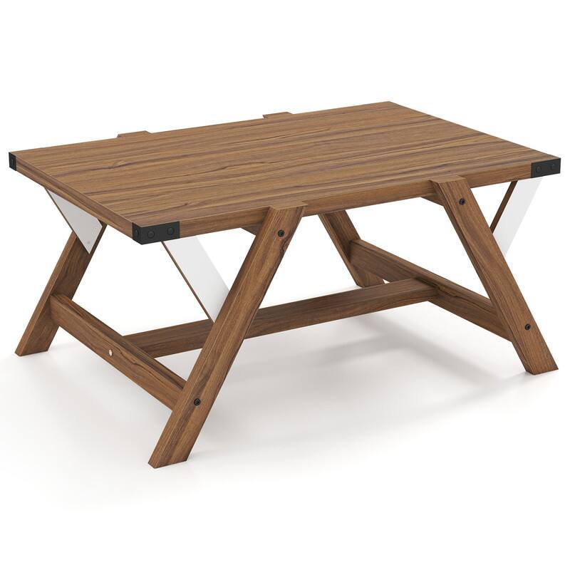Alt View 3. WELLFOR - Farmhouse Coffee Table with Decorative Nailhead Accents, Rectangular Center Table for Living Room - Walnut.