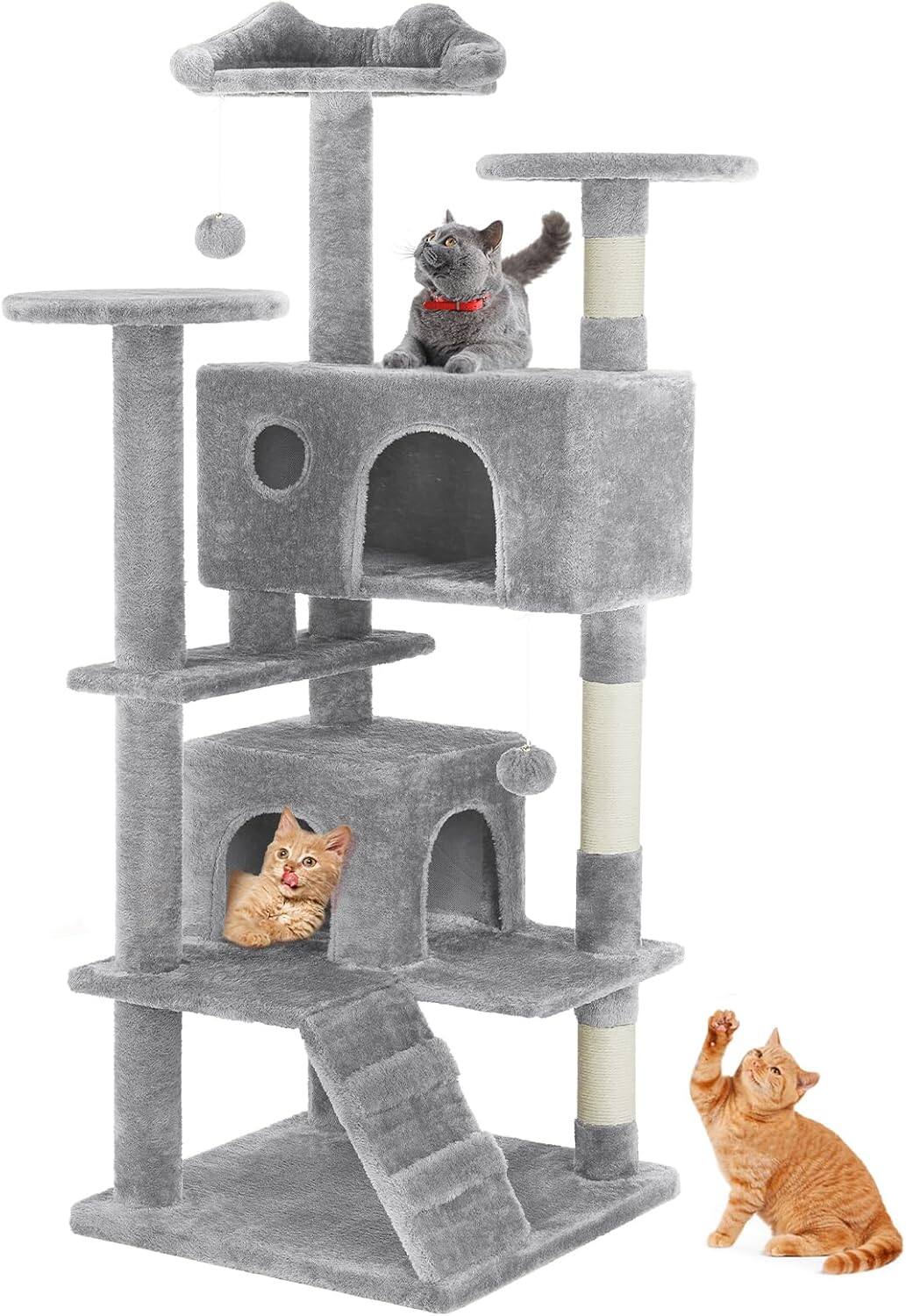 Angle. AENKYO - 54" Cat Tree Tower Pet House Large Multi-Cat Climbing with Cat Scratching Post Condo for Indoor - Light gray.