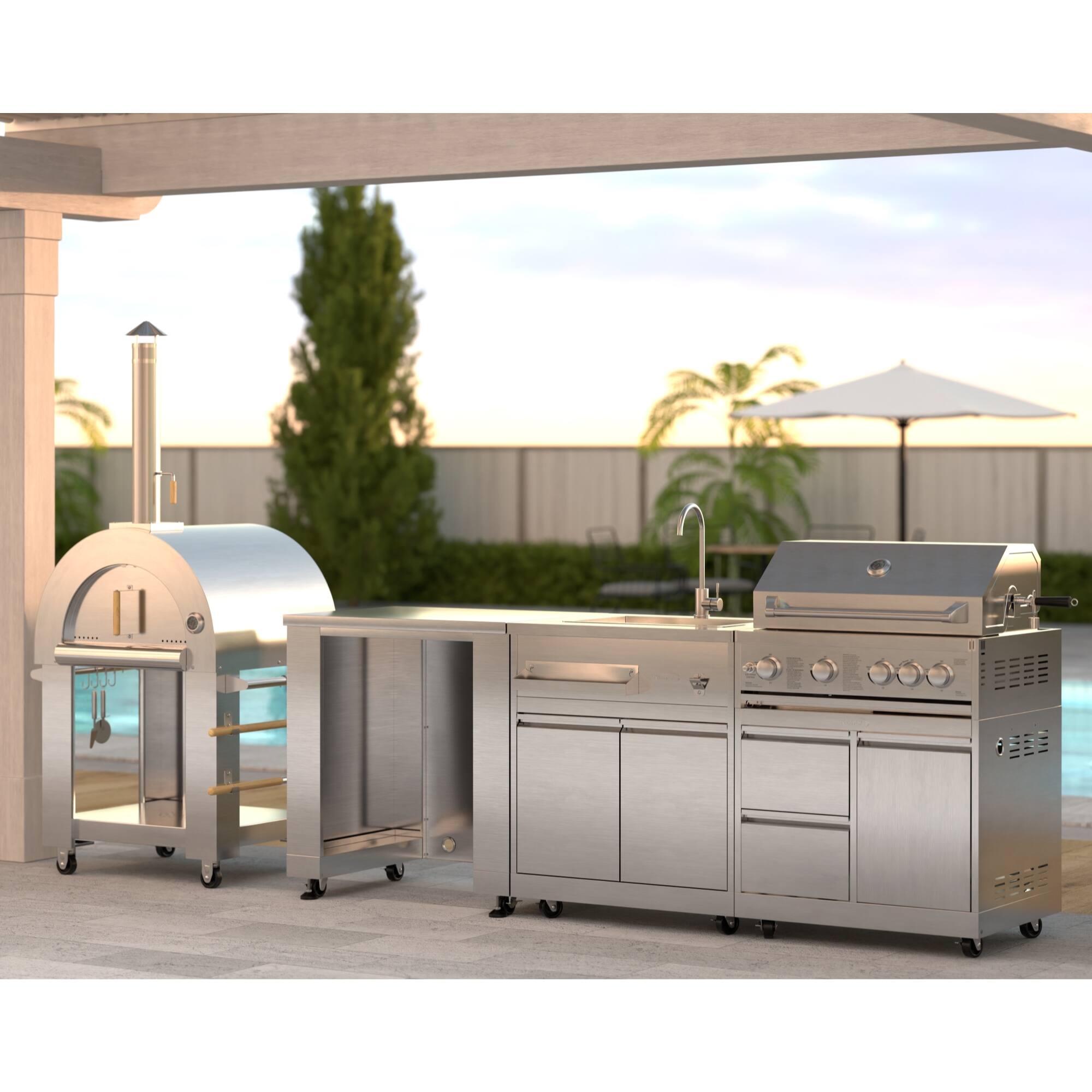 Angle. Koolmore - Wood fire Pizza Oven, Refrigerator Cabinet, Double Refrigerator Drawers, Sink and a 30 in. BBQ Grill and Cabinet - Stainless Steel.