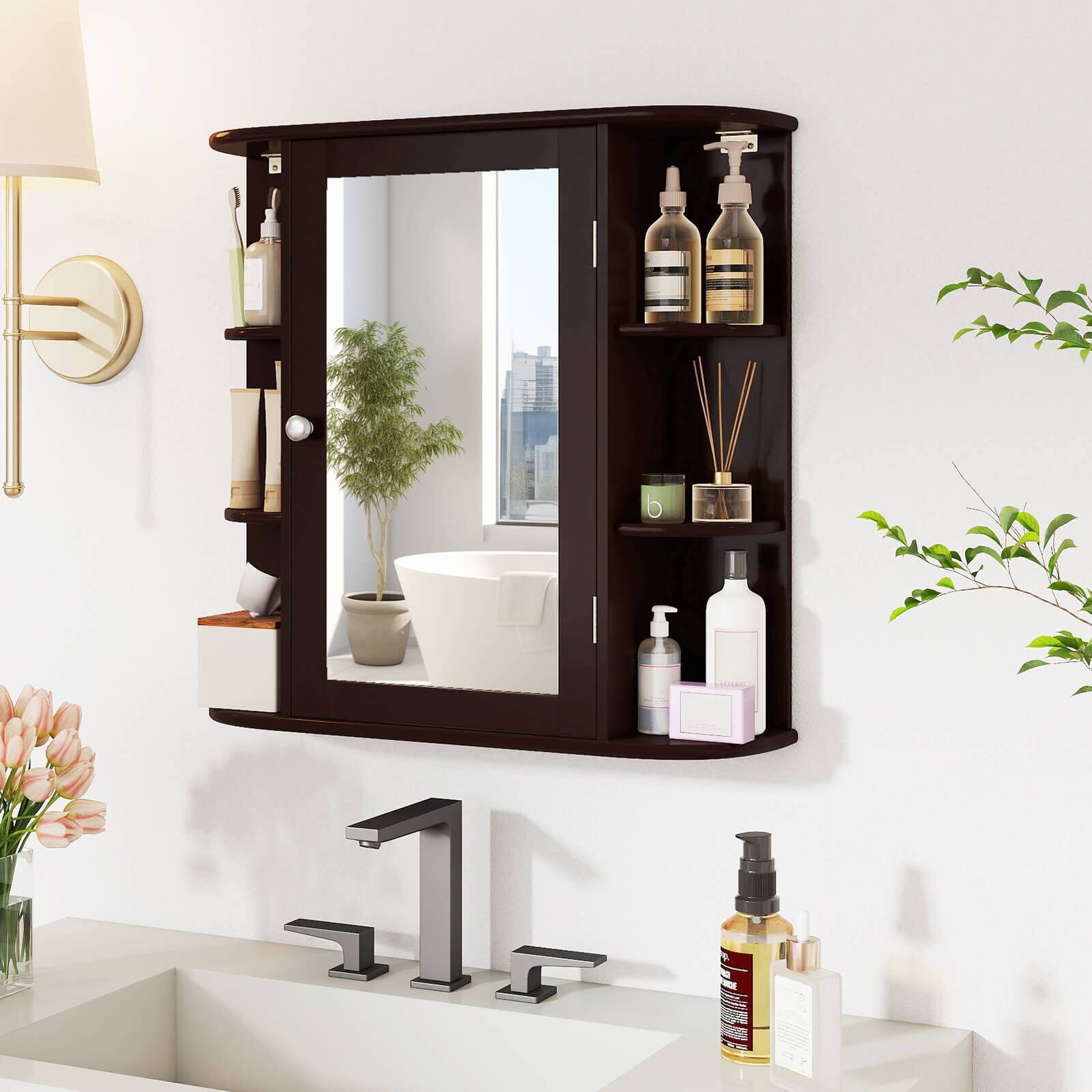 Alt View 3. Costway - Costway Multipurpose Mount Wall Surface Bathroom Storage Cabinet Mirror Brown - Brown.