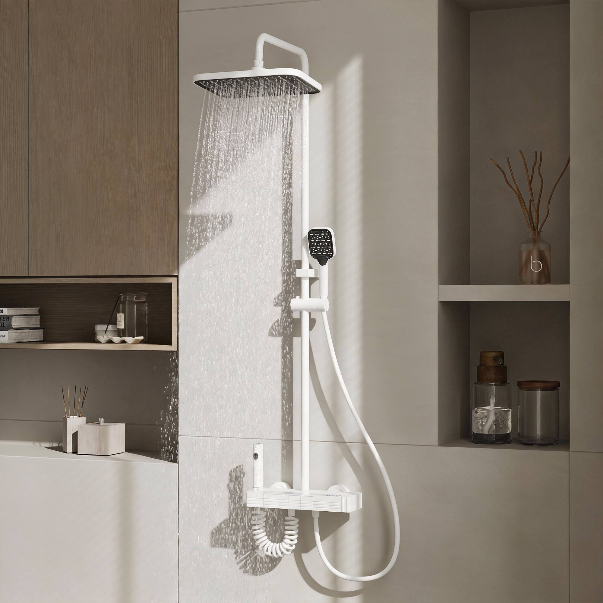 Alt View 2. Famapy - Thermostatic Shower System with LED Temperature Display 4-Mode Rainfall Shower Combo with Handheld,Waterfall&Spray Gun - White.