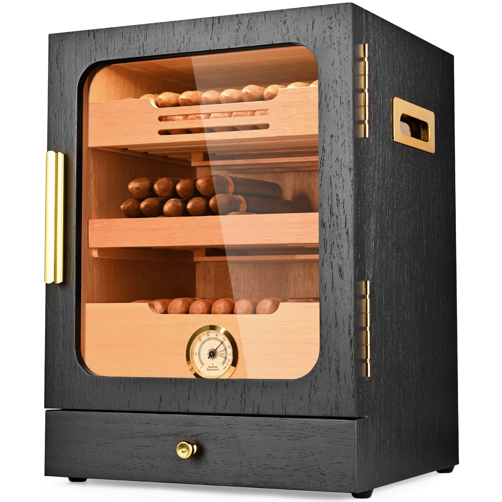 Left. KingChii - 20L Cigar Humidor with Temperature Control, Spanish Cedar Shelves and Hygrometer(100 Capacity) - Black.