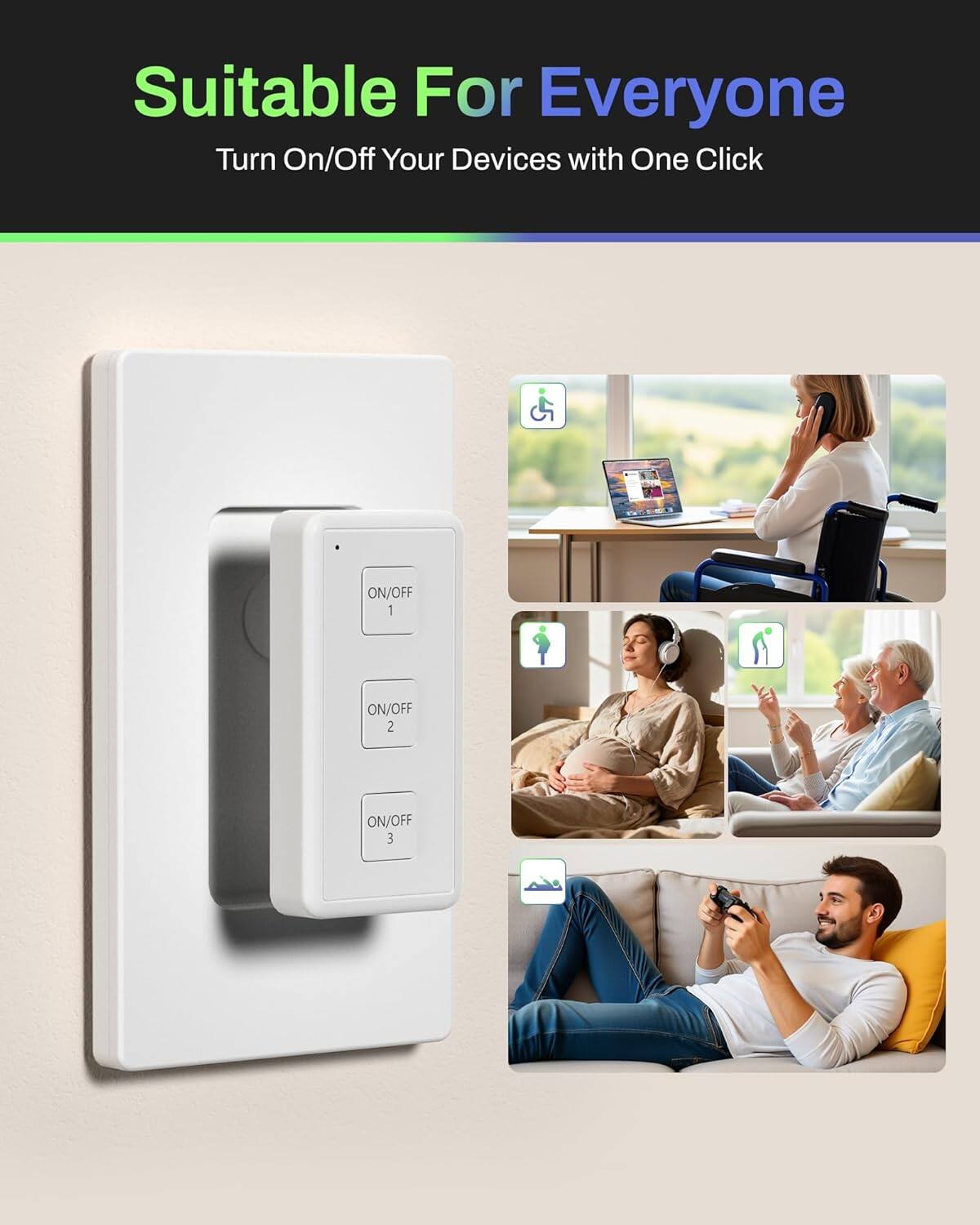 Suitable For Everyone  
Turn On/Off Your Devices with One Click  

ON/OFF 1  
ON/OFF 2  
ON/OFF 3