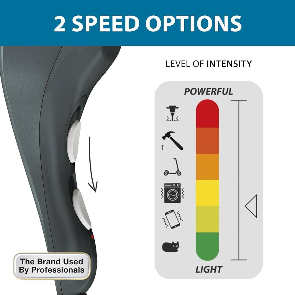 2 SPEED OPTIONS

LEVEL OF INTENSITY

POWERFUL

LIGHT

The Brand Used By Professionals