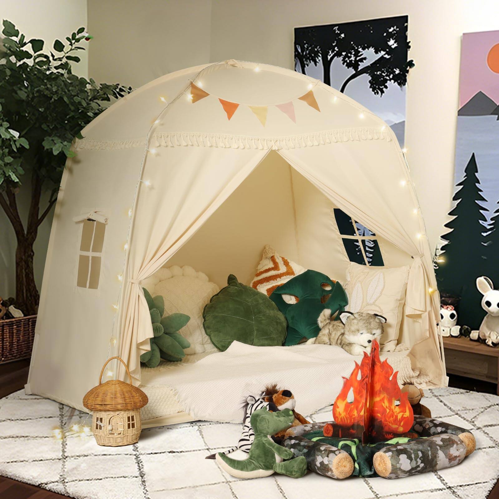 Alt View 8. Skar Audio - Teepee Tent For Kids: With Star Lights & Flags Indoor Playhouse Inside Bed Playroom Gift - Cream.