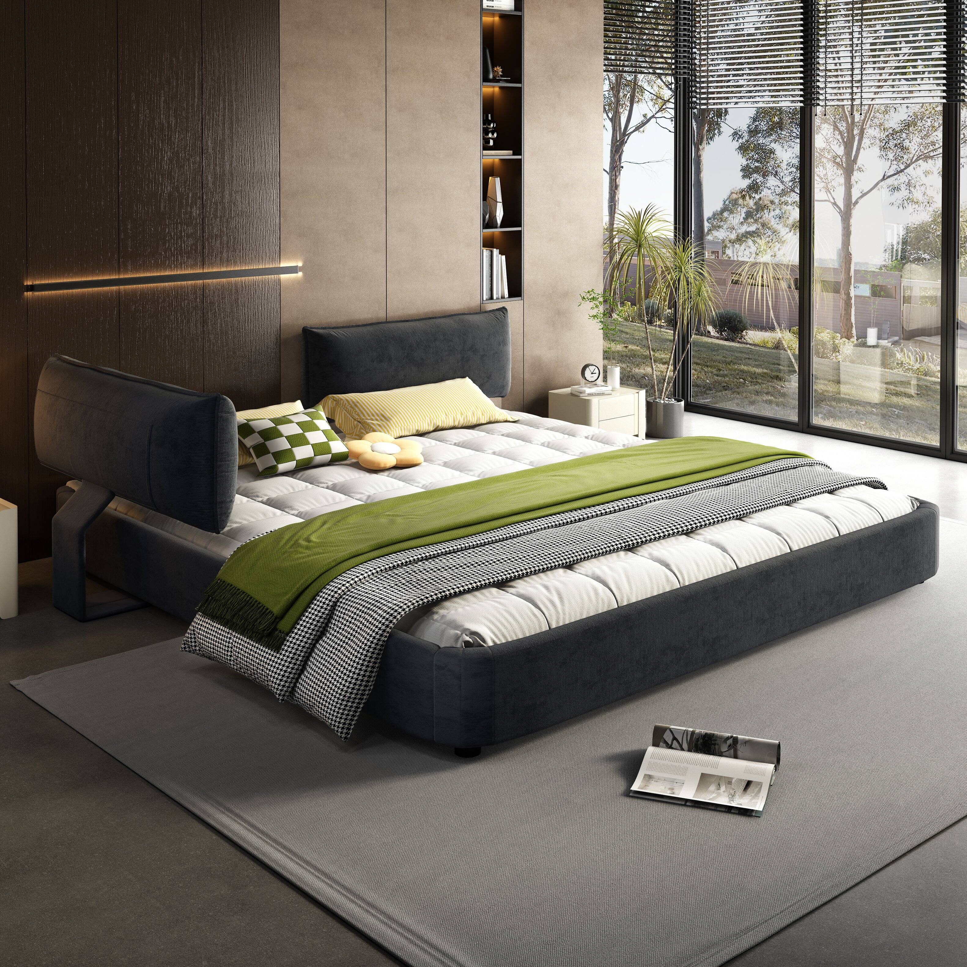 Alt View 1. LOVMOR - King Size Cloud Bed Frame with Oversized Padded Movable Headboard Chenille Upholstered Bed with Round CornerMetal Solid - Black.