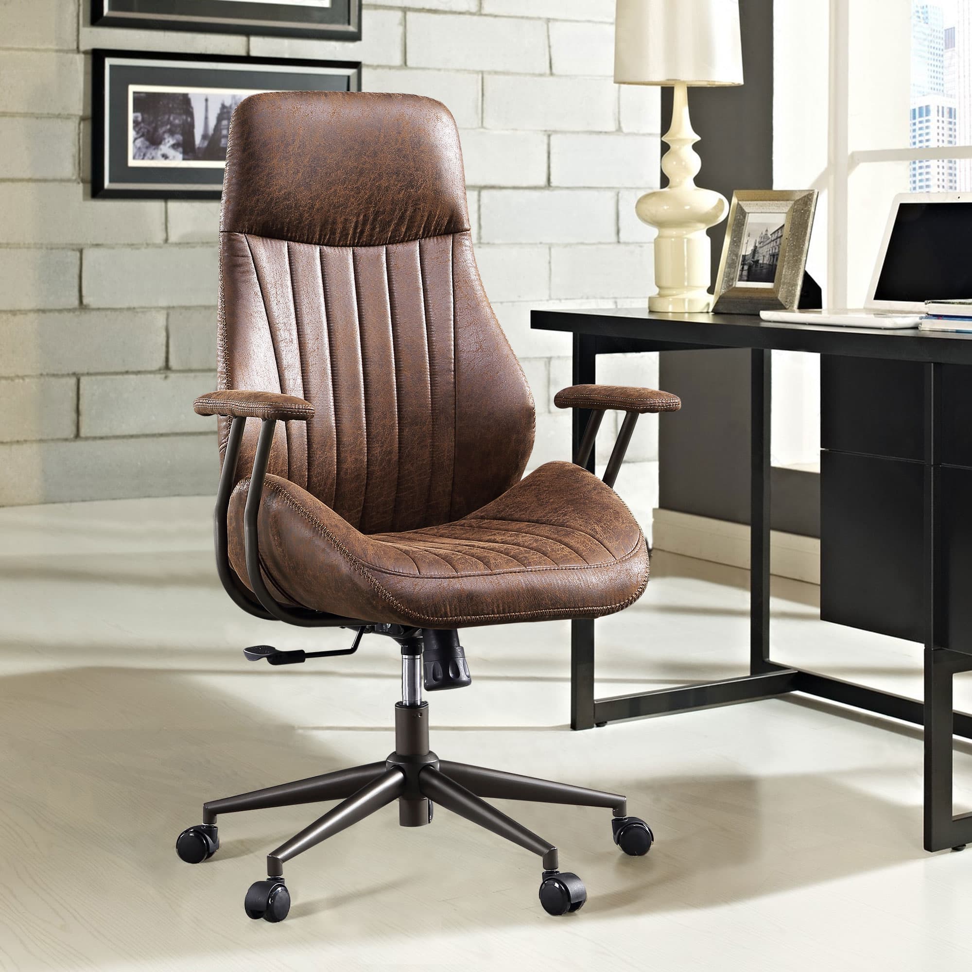 Front. Ovios - Ergonomic High Back Office Chair, 300lb Capacity, Suede Fabric & Smooth Rolling Wheels for Workspace - Dark Brown.
