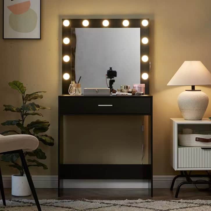 Lirago - Wood Dressing Table with Mirror Lights 16”D x 28”W x 53”H Dresser Desk 3 Lighting Modes - Black