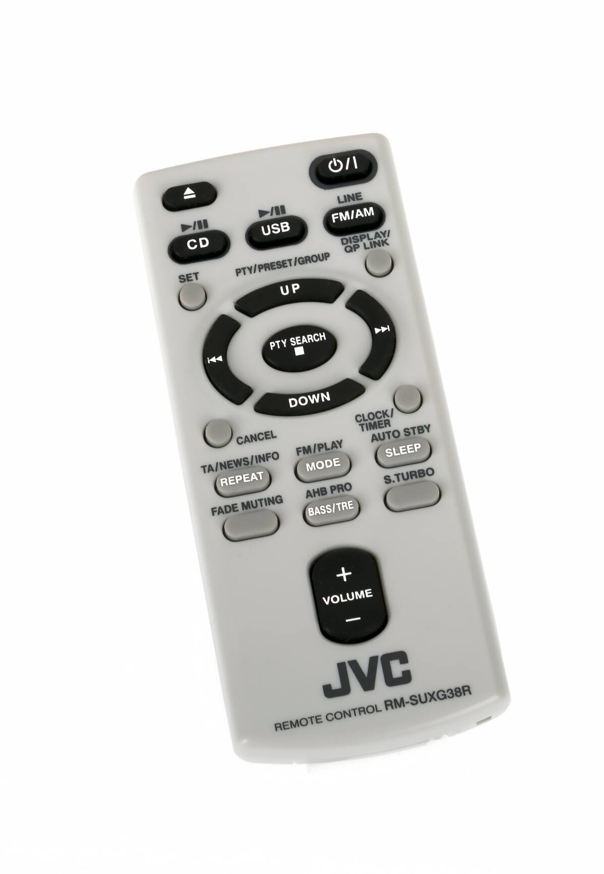 - LINE FM/AM
- USB
- CD
- DISPLAY/ QP LINK
- PTY/SEARCH
- GROUP
- UP
- DOWN
- SET
- CANCEL
- TA/NEWS/INFO
- REPEAT
- FADE MUTING
- FM/PLAY
- MODE
- AHB PRO
- BASS/TRE
- CLOCK/TIMER
- AUTO SLEEP
- STBY
- S.TURBO
- VOLUME
- JVC
- REMOTE CONTROL RM-SUXG38R