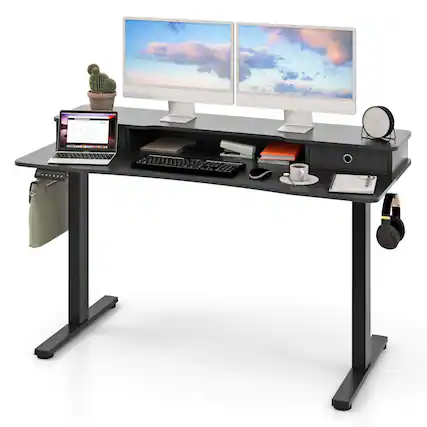 Front. Costway - Costway 55"x 24" Electric Standing Desk with 2 Drawers Monitor Stand Storage Shelf - Black.